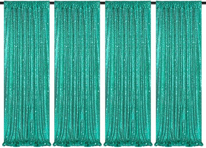 Backdrop Curtains for Mermaid Party Decor - 4 Panels 2FT x 8FT Lake Green Sequin Background Drapes for Wedding Bridal Birthday Party
