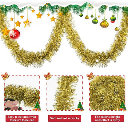 32.8 Ft Gold Christmas Tinsel Garland Metallic Shiny Tassle Banner Wall Hanging Tinsel Streamers Backdrop for Christmas Holiday Birthday Party Supplies Indoor Outdoor Ornaments Home Decor