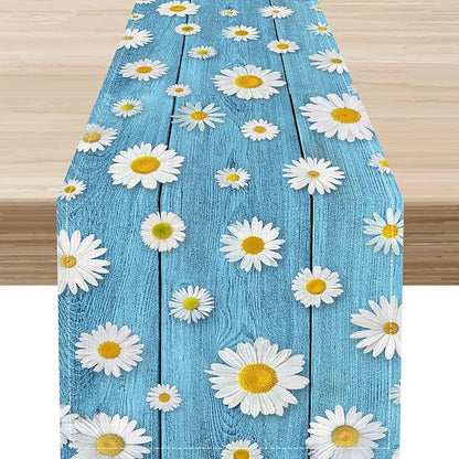 Daisy Floral Table Runner, Spring Seasonal Summer Wild Flower Rustic Country Farmhouse Table Center Decor for Home Kitchen Dining Patio Holiday Party Indoor Outdoor Table Decorations, 13"x72" Inch