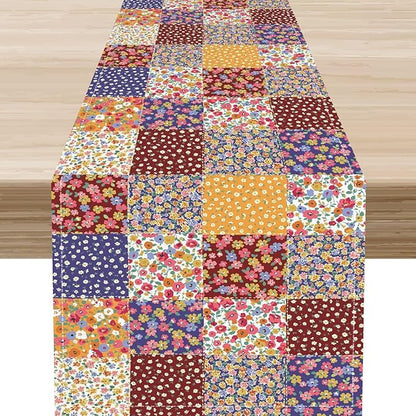 Patchwork Table Runner, Boho Vintage Floral Checkered Plaid Bohemian Paisley Flower Farmhouse Table Center Decor for Home Kitchen Dining Patio Holiday Party Indoor Table Decorations, 13"x90" Inch