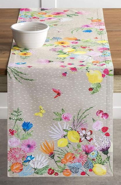 Maison d' Hermine Table Runner 100% Cotton Single Layer Table Runners 72 inches Long Decorative for Home Kitchen Dining Party Wedding Bridal Shower Spring Summer (Jardin D'Ete - Fog, 14.50" x 72")