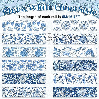 Whaline 12 Rolls Blue Floral Washi Tape Chinoiserie Flower Washi Tape Vintage Masking Decorative Gift Wrapping Paper Tape for DIY Craft Scrapbook Envelope Party Favor Supplies