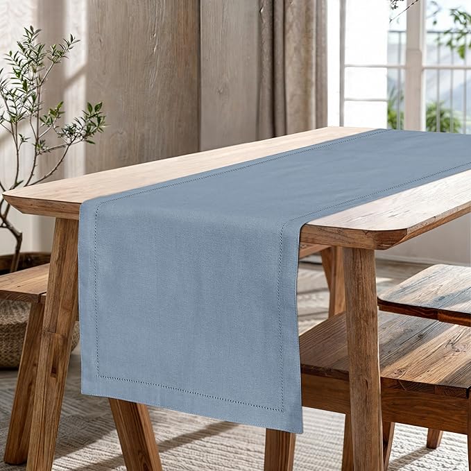 Ruvanti Linen Table Runner 120 Inches, Classic Hemstitch, Washable, Reusable, Non-Slipping, Stain Resistant- Perfect for Parties, Weddings, Dinners, Thanksgiving, Christmas, Indoor use – Grey
