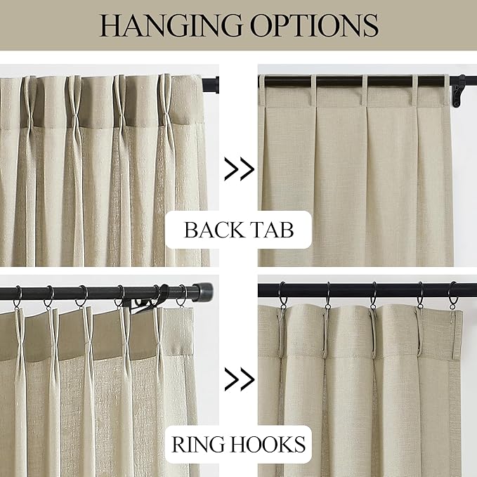 Vision Home Sand Pinch Pleated Semi Sheer Curtains Textured Linen Blended Light Filtering Window Curtains 120 inch for Living Room Bedroom Pinch Pleat Drapes with Hooks 10ft 2 Panels 40" Wx120 L