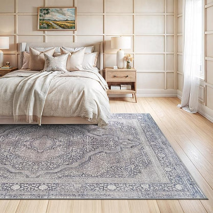 Bloom Rugs Washable Non-Slip 8' x 10' Rug - Blue/Steel Gray/Beige Traditional Medallion Area Rug for Living Room, Bedroom, Dining Room, and Kitchen - Exact Size: 8' x 10'
