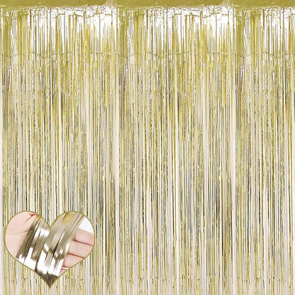 4 Pack Light Gold Fringe Curtain Backdrop, 3.2Ft x 6.6Ft Metallic Tinsel Foil Fringe Streamers Background for Photo Booth Birthday Wedding Baby Shower Carnival Easter Mother’s Day Party Decorations