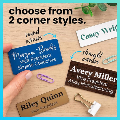 ExcelMark Custom Name Tag - Engraved Name Badge with Pin or Magnetic Backing, 16 Colors, 6 Fonts, and 2 Sizes to Choose from (Black w/Silver Letters, 1"x 3")
