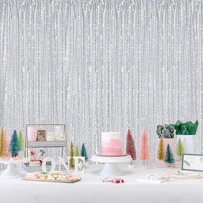 Silver Sequin Backdrop Party Decorations - 3 Packs 2ft x 8ft Silver Photography Background Curtain for Christmas Birthday