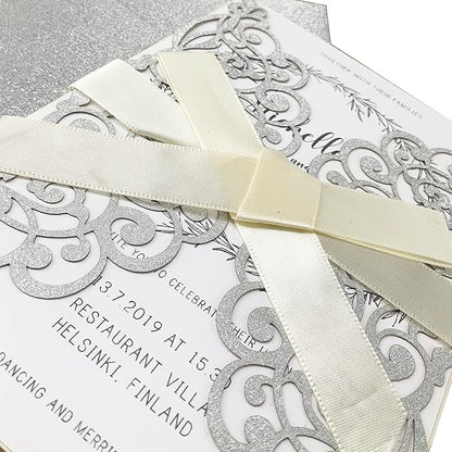 50Pcs Laser Cut Wedding Invitation With Glitter Envelopes And Ribbons Blank Personalized Card Invitaciones Para quinceañera Birthday Baby Shower Christmas Party Bridal Shower (Silver)
