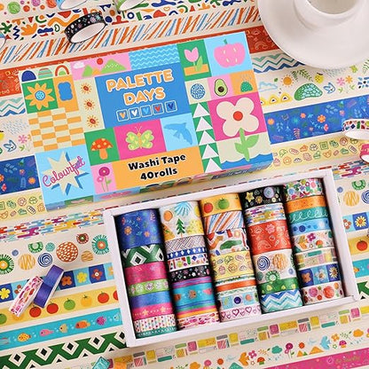 emmoolife 40 Rolls Washi Tape Set, Vibrant Color Palette-Themed Cute Decorative Tapes for Scrapbooking, Bullet Journaling, Junk Journal Supplies, DIY Planner Art, 5-30mm Wide