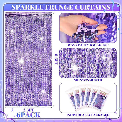 Jutom 6 Pieces 3.3 x 6.6 ft Wavy Tinsel Foil Fringe Curtains Foil Fringe Streamer Backdrop Party Curtain for Sea Mermaid Baby Shower Birthday Party Decoration(Purple)