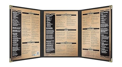 Goodsmart Restaurant Menu Covers – 25 Pack Black 6-View Trifold 8.5" x 11", Side-Loading Vinyl & Plastic Menu Holders, Clear Menu Sleeves, Leather-Style Café Covers with Gold Corners