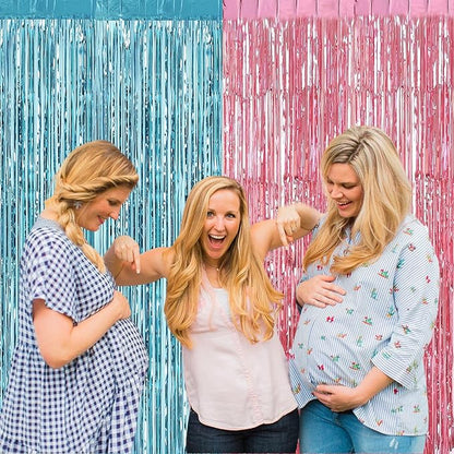 4 Pack 3.2Ft x 6.6Ft Pink Blue Fringe Curtain Backdrop, Metallic Tinsel Foil Fringe Streamers Curtains Background for Photo Booth Wedding Gender Reveal Backdrop Boy or Girl Birthday Party Decoration