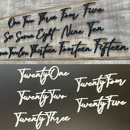 Cursive Wedding Table Number SET, DIY thin modern Black or White acrylic cutouts with silicone glue included. Words only, no backing (One - Twenty Five, Gloss White)