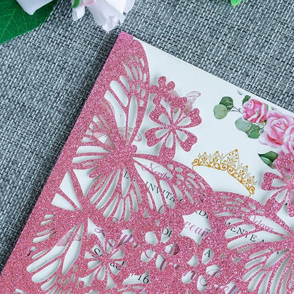 20 PCS 5.12x7.2 Butterfly Quinceanera Invitation, Laser Cut Wedding Invitation Cards with Envelopes for XV Anos Bridal Shower Baby Shower Invite (Pink Glitter)