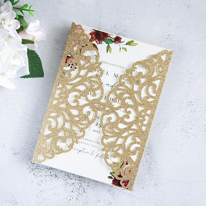 20Pcs Gold Glitter Laser Cut Invitation Cards With Blank Inner Sheets for Wedding Cards Bridal Shower Engagement Quinceanera Invitation (No Envelopes)
