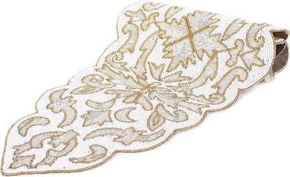 Beaded Table Runner 13 x 36 Inches - Elegant Dining Table Centerpiece with Glass Beads & Polyester Back, Handmade Decorative Runner for Weddings, Parties & Holiday Décor (White & Gold) - CLEENTABLE
