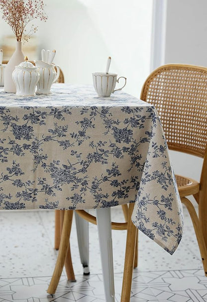 Pastoral Square Tablecloth - 52 x 52 Inch - Beige Linen Table Cloth - Washable Table Cover with Dust-Proof Wrinkle Resistant for Restaurant, Picnic, Indoor and Outdoor Dining, Floral (Dark Blue)