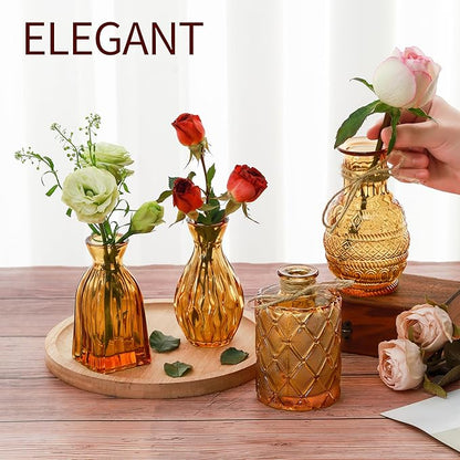 Vintage Small Glass Vases Set of 10,Mini Bud Vases for Flowers,Amber Glass Vases for Centerpieces,Wedding Decorations,Home Table Flower Decor (Amber)
