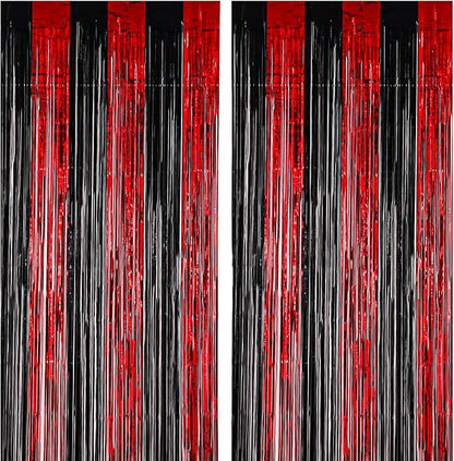 2 Pack 3.3x8.2 Feet Red and Black Foil Fringe Backdrop Curtains, Tinsel Streamers Birthday Party Decorations, Fringe Backdrop for Graduation, Movie Night, Horror Party
