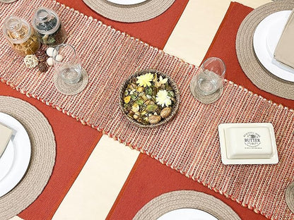 Chardin home Natural Jute Table Runner 13x90 Inch – Vintage Boho Rustic Table Decor – Handwoven Table Runner in Natural Jute and Rust Orange – Farmhouse Dining or Console Table Accent