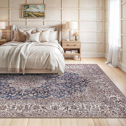 Bloom Rugs Washable Non-Slip 9' x 12' Rug - Dark Blue/Beige Traditional Medallion Area Rug for Living Room, Bedroom, Dining Room, and Kitchen - Exact Size: 9' x 12'