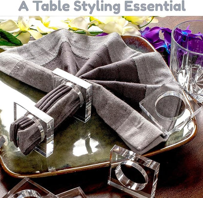 Acrylic Set of 12 Square Beveled Napkin Ring - Cloth Napkin Rings Serviette Buckles for Wedding, Birthday, Banquet, Table Décor, Home Décor, Gifting (Transparent) - CLEENTABLE