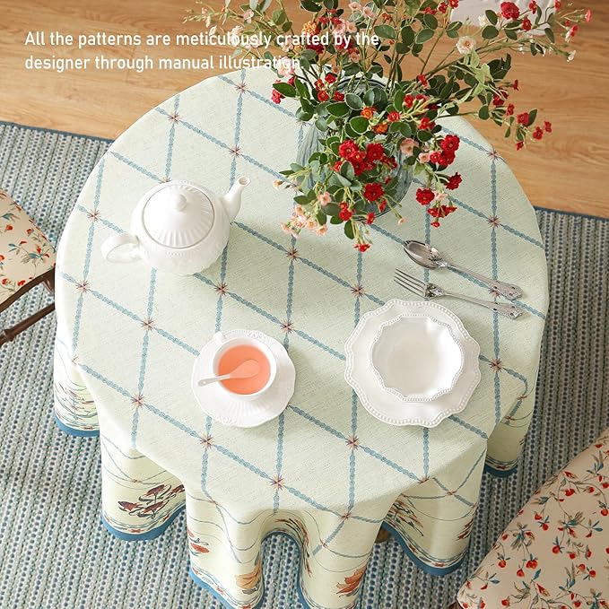 ISAENNE Designer Linen Floral Round Tablecloth,Light Green Farmhouse Durable Table Cloth,Washable Decor Tablecloths for Dining Kitchen Thanksgiving Christmas,Diameter 67"-Floralsea B