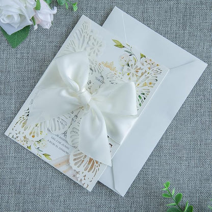 20 PCS 5.12x7.2 Butterfly Quinceanera Invitation, Laser Cut Wedding Invitation Cards with Envelopes for XV Anos Bridal Shower Baby Shower Invite (Ivory)