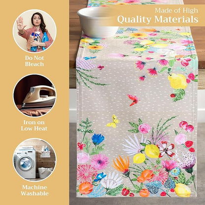 Maison d' Hermine Table Runner 100% Cotton Double Layer Table Runners 108 inches Long Decorative for Home Kitchen Dining Party Wedding Bridal Shower Spring Summer (Jardin D'Ete - Fog, 14.50" x 108")