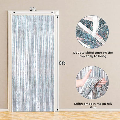 BTSD-home 4 Pack Laser Silver Foil Fringe Curtain Holographic, Metallic Photo Booth Tinsel Backdrop Door Curtains for Wedding Birthday Baby Shower Bachelorette Party Decorations(3ft x 8ft)