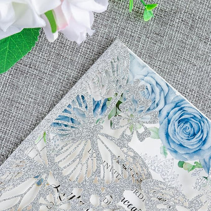 20 PCS 5.12x7.2 Butterfly Personalized Quinceanera Invitation, Customized XV Anos Laser Cut Invitation Cards with Envelopes (Silver Glitter Personalized)