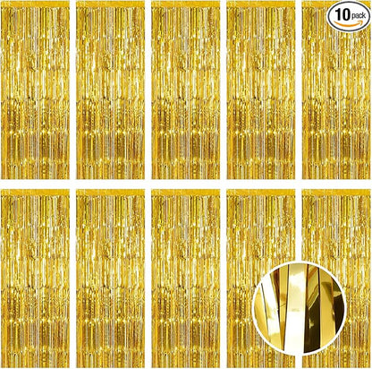 10 Pack Gold Foil Curtain Backdrop 3.2ft x 9.8ft Metallic Tinsel Foil Fringe Curtains Streamer Photo Booth Backdrop for Birthday Party Engagement Bachelorette Party Decorations (Gold)
