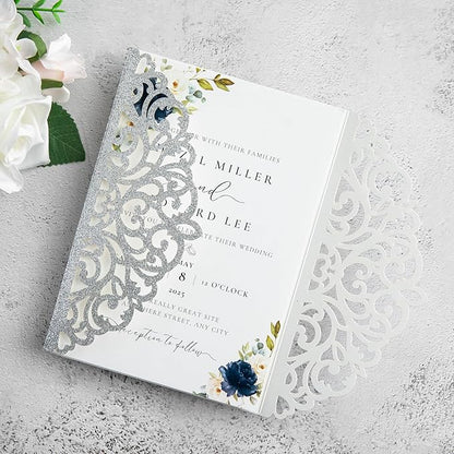 20Pcs Silver Glitter Laser Cut Invitation Cards With Blank Inner Sheets for Wedding Cards Bridal Shower Engagement Quinceanera Invitation (No Envelopes)