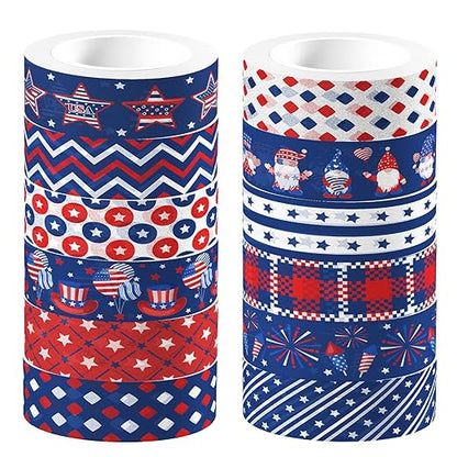 Washi Tape 12 Rolls Washi Tape Set Patriotic Packing Tape American Flag Washi Masking Tape Decorative Paper Stickers Decorative Tape for Gifts Wrapping DIY Art Crafts