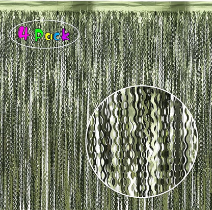 4 Pack Wavy Olive Green Streamers Backdrop Jungle Party Decorations - 3.3x6.6ft Foil Fringe Curtains Photo Booth for Dinosaur Animal St Patrick's Day Football Decor