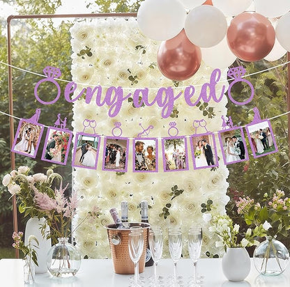 Pre-Strung Engaged Photo Banner - Purple Glitter Engagement Party Decoration Supplies with Romantic Memories Picture Card Frames for Bachelorette, Bridal Shower, Wedding Party Photo Booth Props