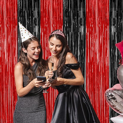 8 Pack Halloween Party Supplies, 3.28 FT x 7.05 FT Red and Black Foil Streamer, Metallic Fringe Curtains Tinsel Backdrop Party Streamer, Hanging Halloween Decorations Casino Party Decor