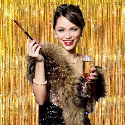 2Pack Gold Party Streamers, Gold Metallic Tinsel Streamers for Birthday Wedding Party Decors Graduation, Baby Shower, Photo Booth Props for Bachelorette Decors Xmas Halloween Party Supplies Backdrop