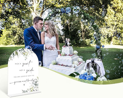 Greenery Pick a Seat Not a Side Sign, 6 x 8 Inch White Arch Acrylic Wedding Sign with Holder, Wedding Sign for Ceremony and Reception, Wedding Decoration, Wedding Supplies - LY18