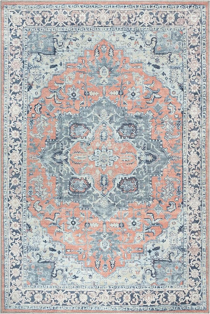 Bloom Rugs Washable Non-Slip 4' x 6' Rug - Coral/Blue Traditional Medallion Area Rug for Living Room, Bedroom, Dining Room, and Kitchen - Exact Size: 4' x 6'