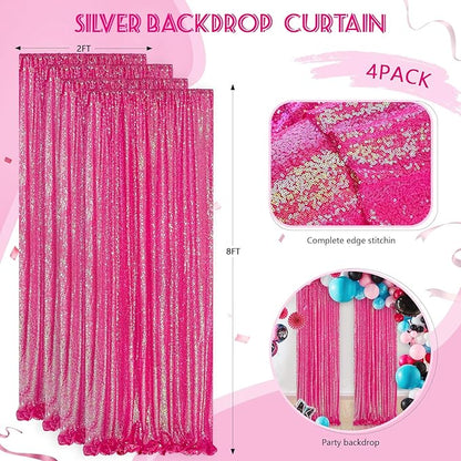 Iridescent Hot Pink Curtains Sequin Backdrop for Wedding Party - 2FT x 8FT Photo Background Backdrop Sparkly Baby Shower Decorations 4 Pcs