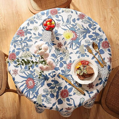 patdrea Designer Small Blue Tablecloth for Round Table,Vintage Linen Leaves and Floral Pattern Tablecloths,Farmhouse Decor Cover for Kitchen Dining Christmas,Thanksgiving,Diameter 55"-Ivar a