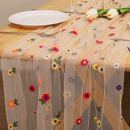 BINBE 12pcs Daisy Fall Table Runner Embroidery Gauze 10FT Florals Seasonal Tulle Holiday Birthday Kitchen Dining Table Decor for Home Party Champagne
