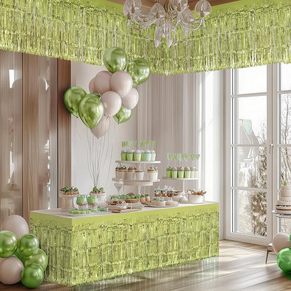 2 Pack Lime Green Table Skirts, 29x108" Metallic Foil Tinsel Fringe Table Skirt for Rectangle Tables Streamer Curtains Backdrop, Party Decorations for Birthdays, Weddings, Holidays