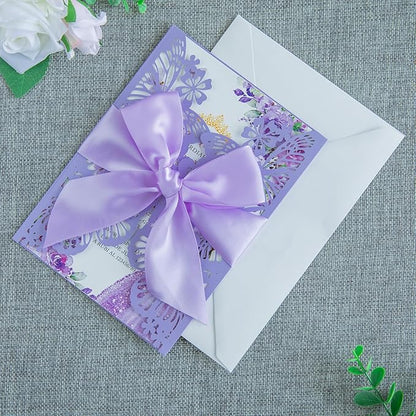 20 PCS 5.12x7.2 Butterfly Personalized Quinceanera Invitation, Customized XV Anos Laser Cut Invitation Cards with Envelopes (Violet Personalized)