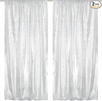 SquarePie Sequin Backdrop Curtain 8FT x 10FT Silver Satin Backing Fabric Photography Background for Wedding Patry 4FT x 10FT 2 Panels