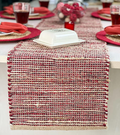 Chardin home Natural Jute Table Runner 13x108 Inch – Vintage Boho Rustic Table Decor – Handwoven Long Table Runner in Natural Jute and Red – Farmhouse Dining or Console Table Accent