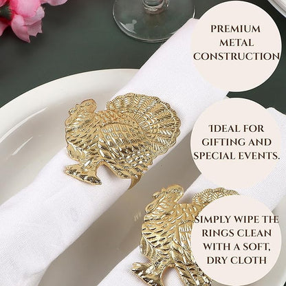 Set of 12 Turkey Napkin Rings for Thanksgiving Table Decor | Premium Metal Dinnerware Holders | Fall Harvest, Christmas & Holiday Banquet Accessories (Gold) - ALPHA Living HOME