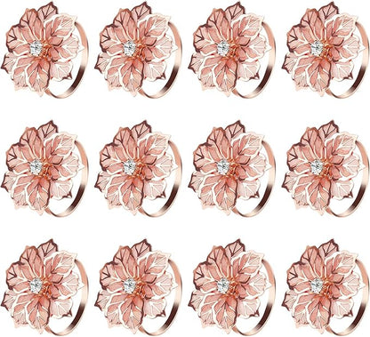 KPOSIYA Hollow Out Flower Napkin Ring Holder Metal Napkin Rings Set of 20 for Wedding Party Holiday Banquet Christmas Dinner Delicate Serviette Buckles Decor Favor (20, Flower-Rose Gold)